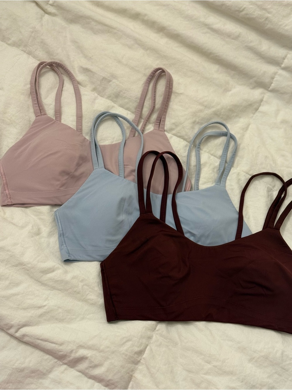 Set of 3 Lululemon like a cloud sports bra- Mauve, Light Blue, Burgundy